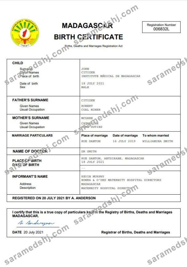 Madagascar vital record birth certificate Word and PDF template